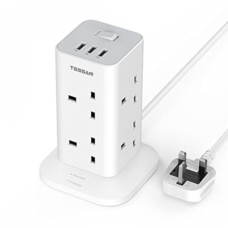 TESSAN 8 Way Tower Extension Lead with USB Slots TESSAN 8 Way Tower Extension Lead with USB Slots